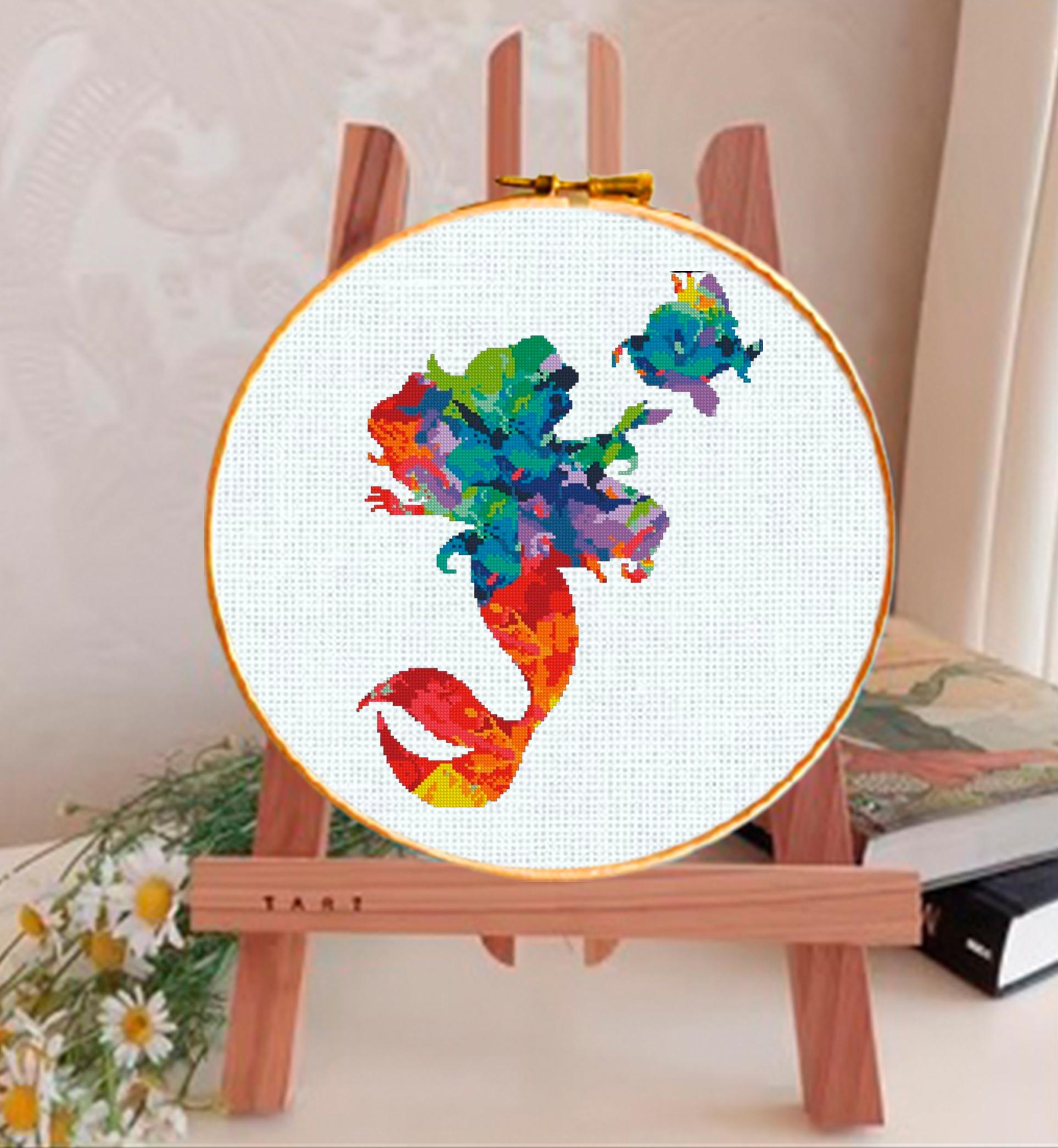 Colorful Mermaid Cross Stitch Pattern PDF, Ocean Princess Embroidery Design, Fantasy Sea Girl Needlework, Modern Mermaid Silhouette Stitch - NuttyHappyHobby