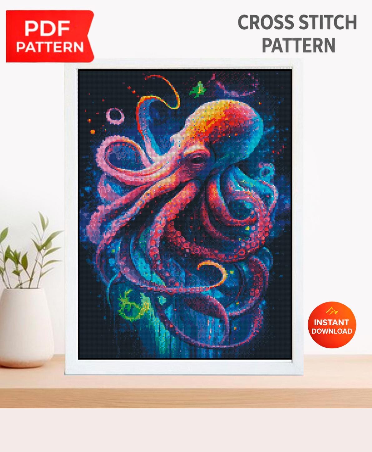 Colorful Octopus Cross Stitch Pattern PDF, Neon Ocean Embroidery, Marine Life Cross Stitch, Sea Creature Art, Modern Nautical Decor patterns - NuttyHappyHobby
