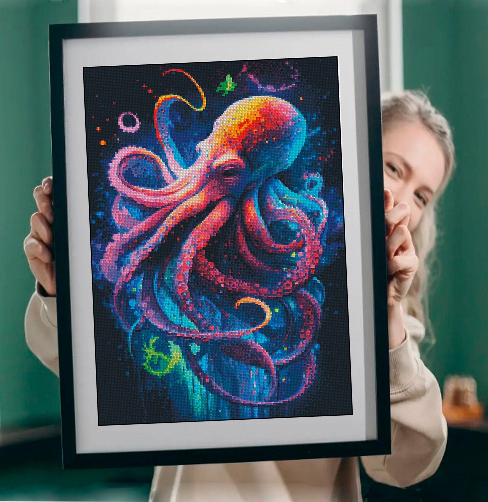 Colorful Octopus Cross Stitch Pattern PDF, Neon Ocean Embroidery, Marine Life Cross Stitch, Sea Creature Art, Modern Nautical Decor patterns - NuttyHappyHobby