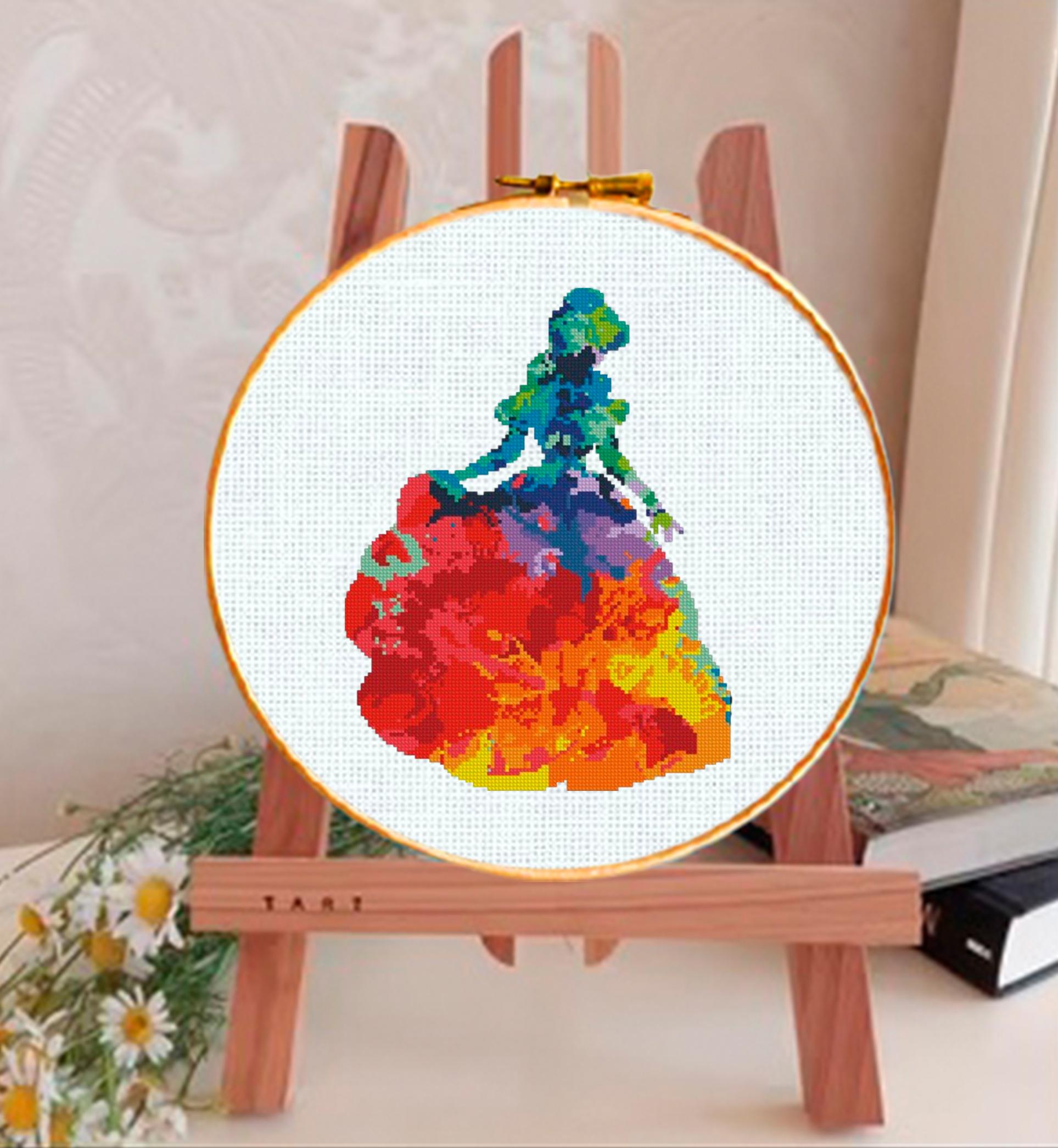 Colorful Princess Silhouette Cross Stitch Pattern PDF, Rainbow Dress Embroidery Design, Fairy Tale Princess Needlepoint Chart, 90s cartoons - NuttyHappyHobby