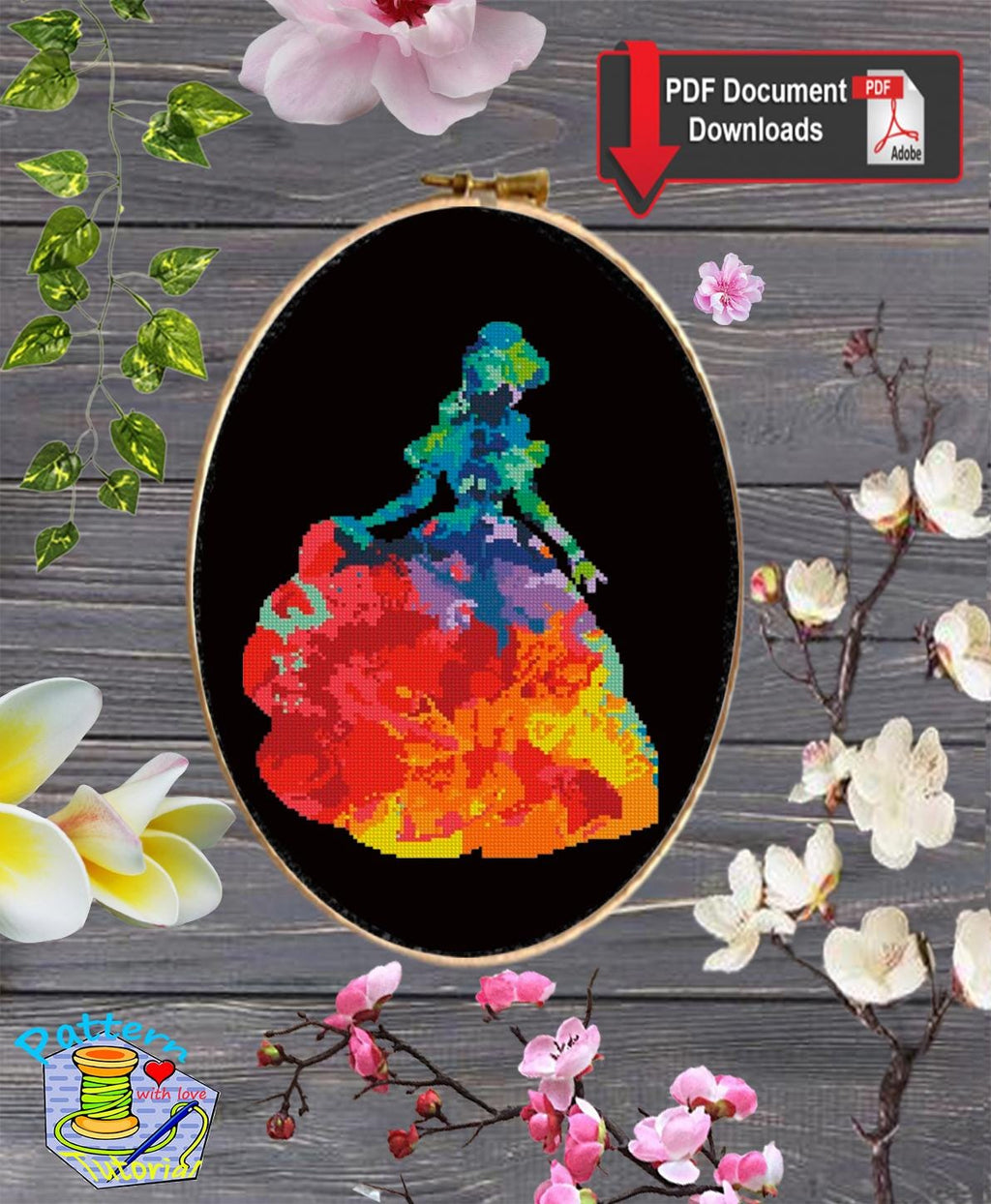 Colorful Princess Silhouette Cross Stitch Pattern PDF, Rainbow Dress Embroidery Design, Fairy Tale Princess Needlepoint Chart, 90s cartoons - NuttyHappyHobby