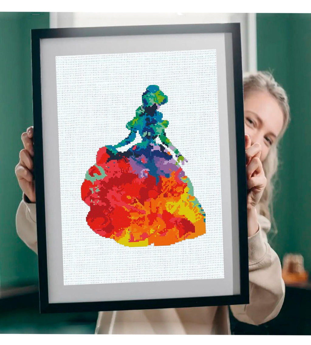 Colorful Princess Silhouette Cross Stitch Pattern PDF, Rainbow Dress Embroidery Design, Fairy Tale Princess Needlepoint Chart, 90s cartoons - NuttyHappyHobby