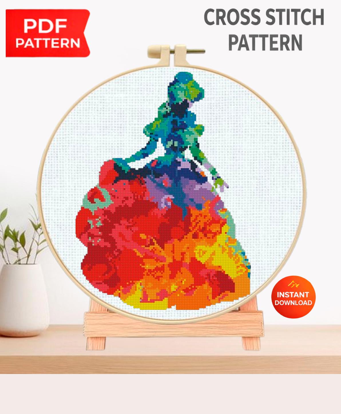 Colorful Princess Silhouette Cross Stitch Pattern PDF, Rainbow Dress Embroidery Design, Fairy Tale Princess Needlepoint Chart, 90s cartoons - NuttyHappyHobby
