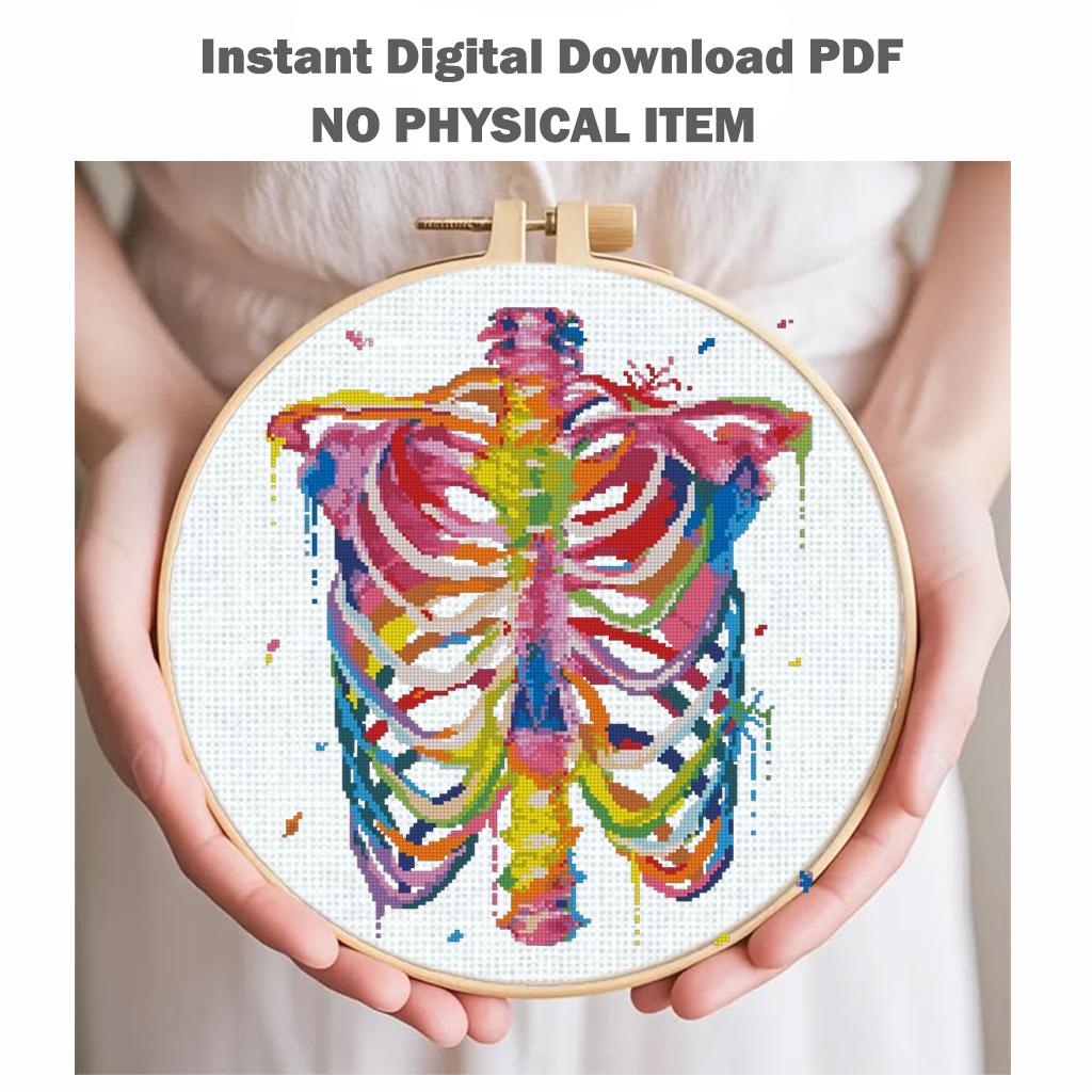 Colorful Rib Cage X Ray Cross Stitch Pattern PDF, Rainbow Skeleton Anatomy Embroidery Design, Gothic Medical Wall Art Download, Keeper - NuttyHappyHobby