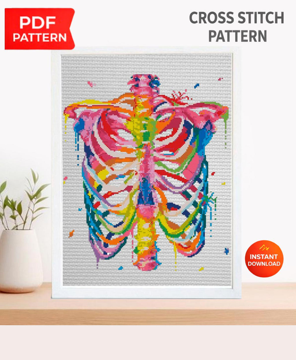 Cross Rib Pattern Colorful Rib Cage X Ray Cross Stitch Pattern PDF, Rainbow Skeleton Ana ...