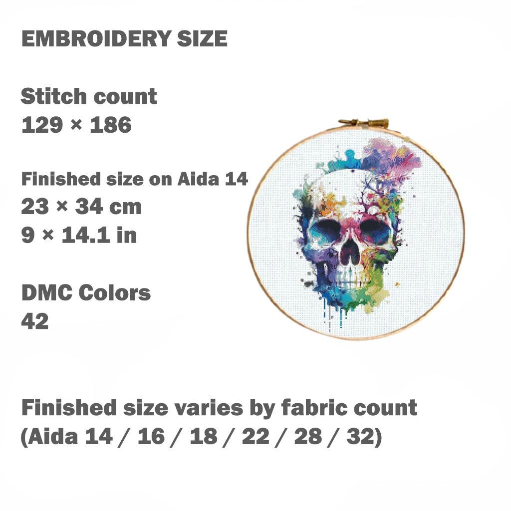 Colorful Skull Cross Stitch Pattern PDF, Gothic Anatomy Embroidery Design, Watercolor Skull Wall Art, Instant Download - NuttyHappyHobby