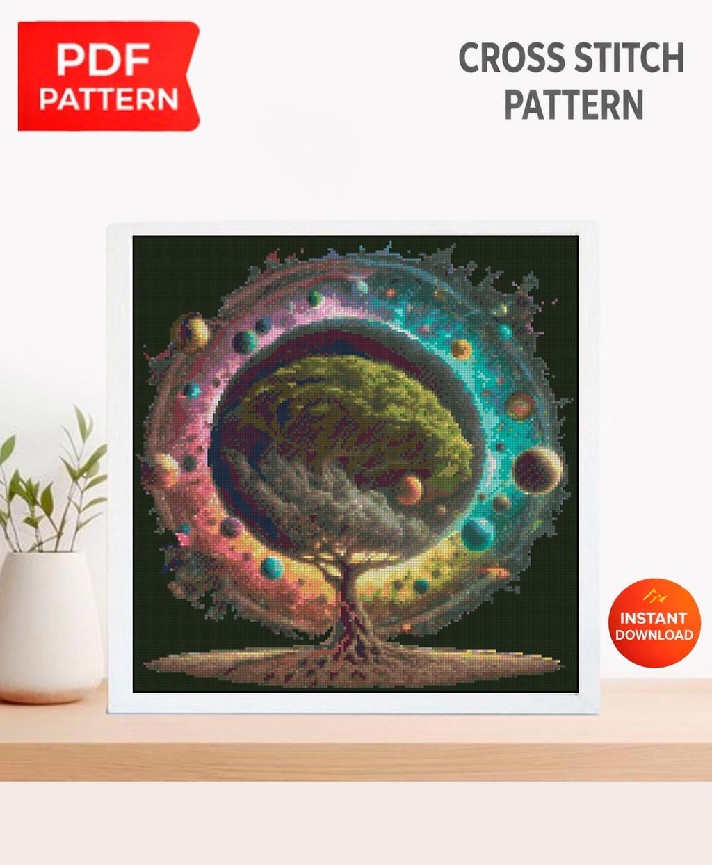 Cosmic Tree of Life Cross Stitch Pattern PDF, Galaxy Tree Fantasy Embroidery Design, Magical Universe Cross Stitch Digital Download pdf - NuttyHappyHobby