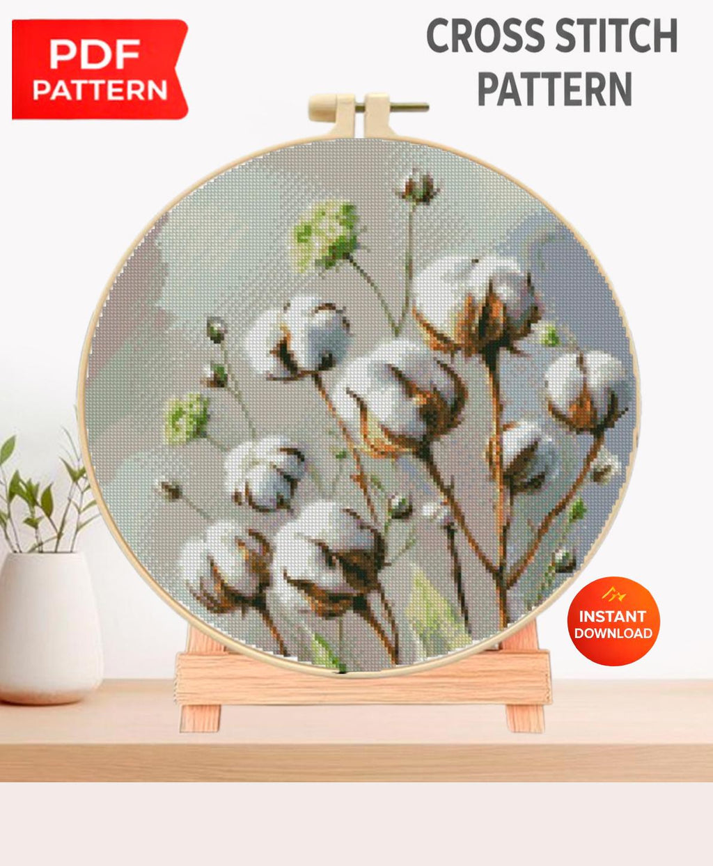 Cotton Flower Cross Stitch Pattern PDF, White Cotton Branch Botanical Embroidery Chart, Round Hoop Farmhouse Wall Art, Instant Download - NuttyHappyHobby