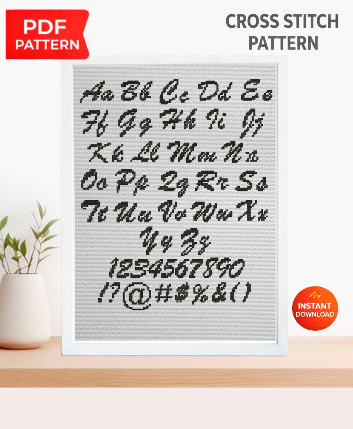 Cursive ABC Alphabet Cross Stitch Pattern PDF, Script Uppercase and Lowercase Font with Numbers and Symbols, Elegant Name Embroidery Chart - NuttyHappyHobby