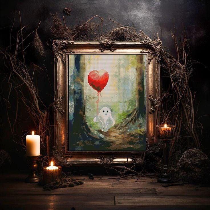 Cute Ghost Cross Stitch Pattern PDF, Ghost with Heart Balloon Embroidery Design, Spooky Cute Halloween Cross Stitch, Gothic Decor, Download - NuttyHappyHobby