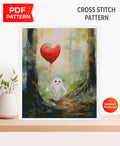Cute Ghost Cross Stitch Pattern PDF, Ghost with Heart Balloon Embroidery Design, Spooky Cute Halloween Cross Stitch, Gothic Decor, Download - NuttyHappyHobby