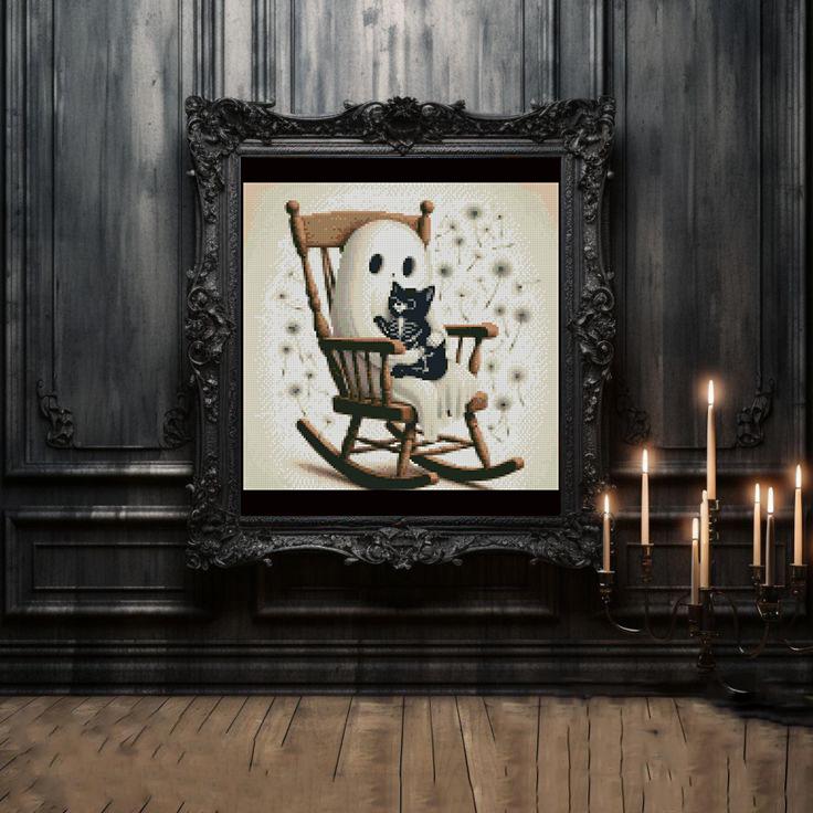 Cute Ghost Cross Stitch Pattern PDF, Halloween Cross Stitch Pattern, Spooky Cute Ghost with Cat, Gothic Halloween Decor, Instant Download - NuttyHappyHobby
