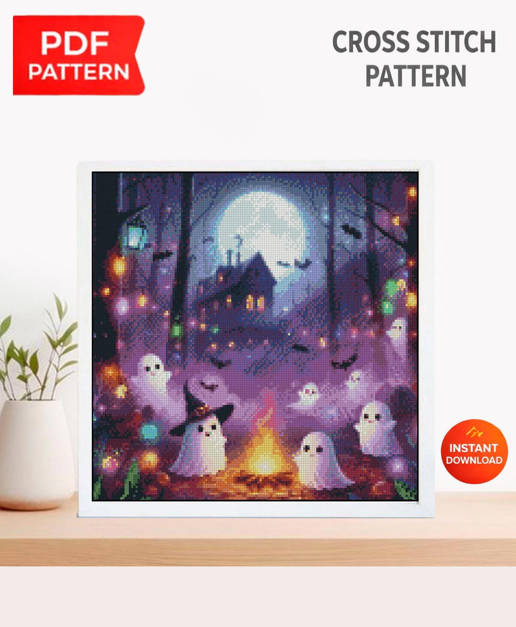 Cute Ghost Cross Stitch Pattern PDF, Halloween Ghost Embroidery Design, Spooky Night Ghosts Cross Stitch, Halloween Decor Pattern, Download - NuttyHappyHobby