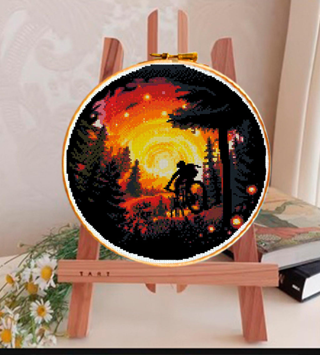Cyclist Sunset Cross Stitch Pattern PDF, Mountain Bike Forest Landscape Embroidery Design, Biker Silhouette Cross Stitch Digital Download - NuttyHappyHobby