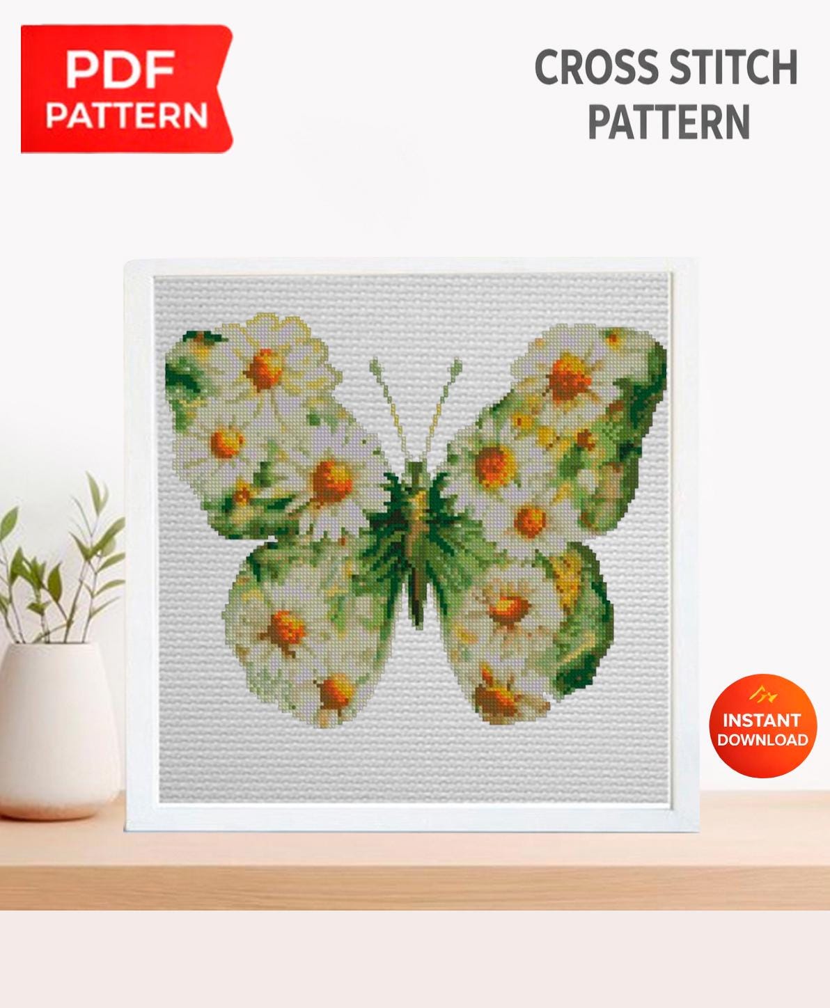 Daisy Butterfly Cross Stitch Pattern PDF, Floral Butterfly Embroidery Design, Wildflower Botanical Cross Stitch Chart, Keeper Pattern, pdf - NuttyHappyHobby