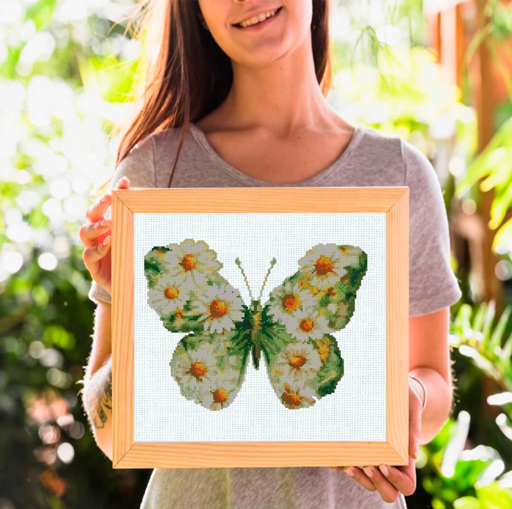 Daisy Butterfly Cross Stitch Pattern PDF, Floral Butterfly Embroidery Design, Wildflower Botanical Cross Stitch Chart, Keeper Pattern, pdf - NuttyHappyHobby