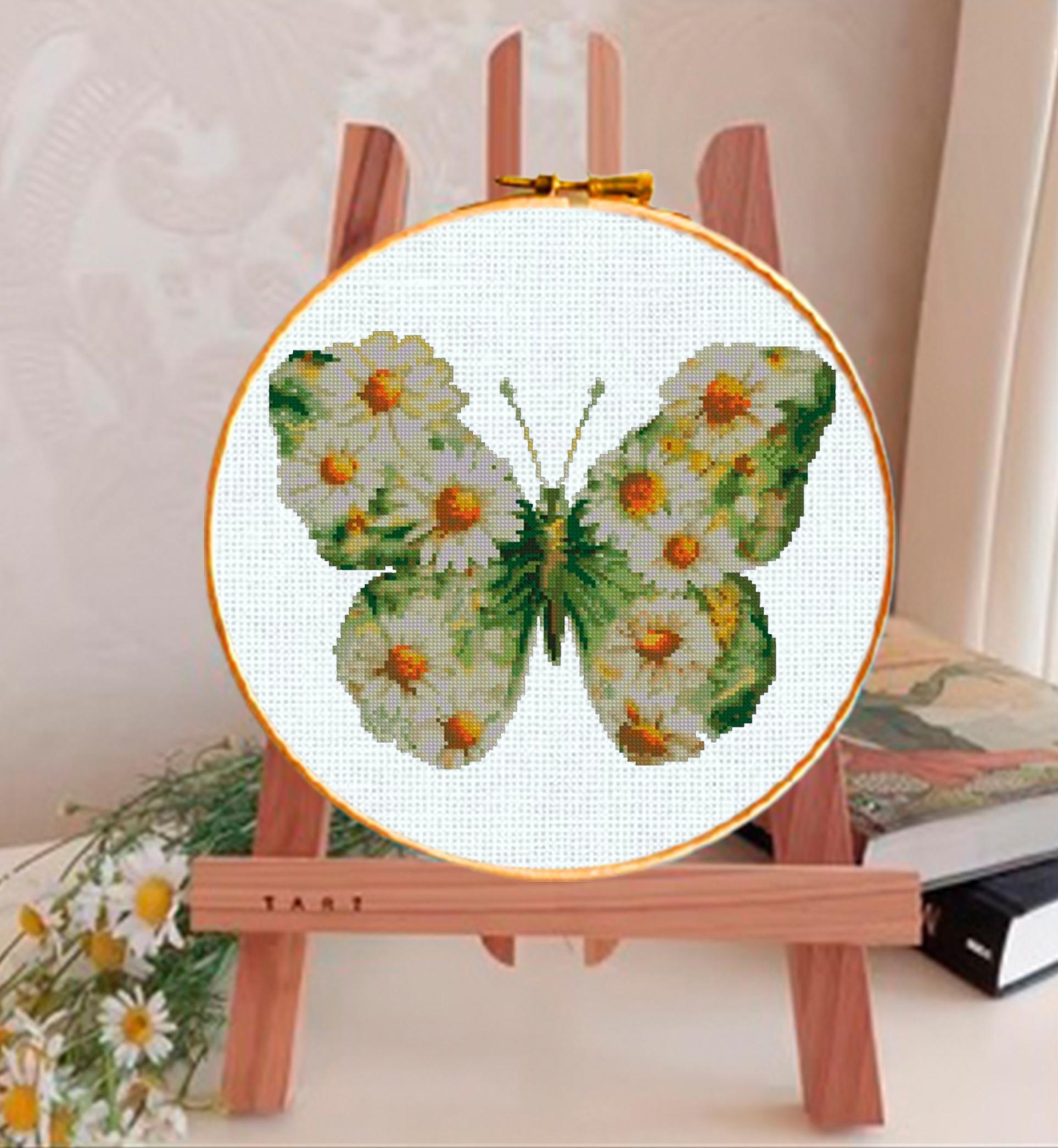 Daisy Butterfly Cross Stitch Pattern PDF, Floral Butterfly Embroidery Design, Wildflower Botanical Cross Stitch Chart, Keeper Pattern, pdf - NuttyHappyHobby