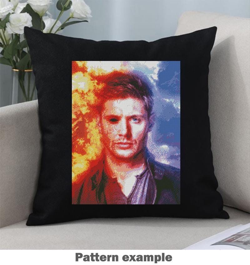 Dark Fantasy Actor Portrait Cross Stitch Pattern PDF, Dramatic Fire and Shadow Inspired Embroidery Design, Cinematic Gothic Wall Art, Sam - NuttyHappyHobby