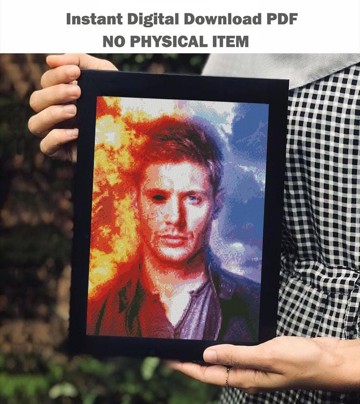 Dark Fantasy Actor Portrait Cross Stitch Pattern PDF, Dramatic Fire and Shadow Inspired Embroidery Design, Cinematic Gothic Wall Art, Sam - NuttyHappyHobby
