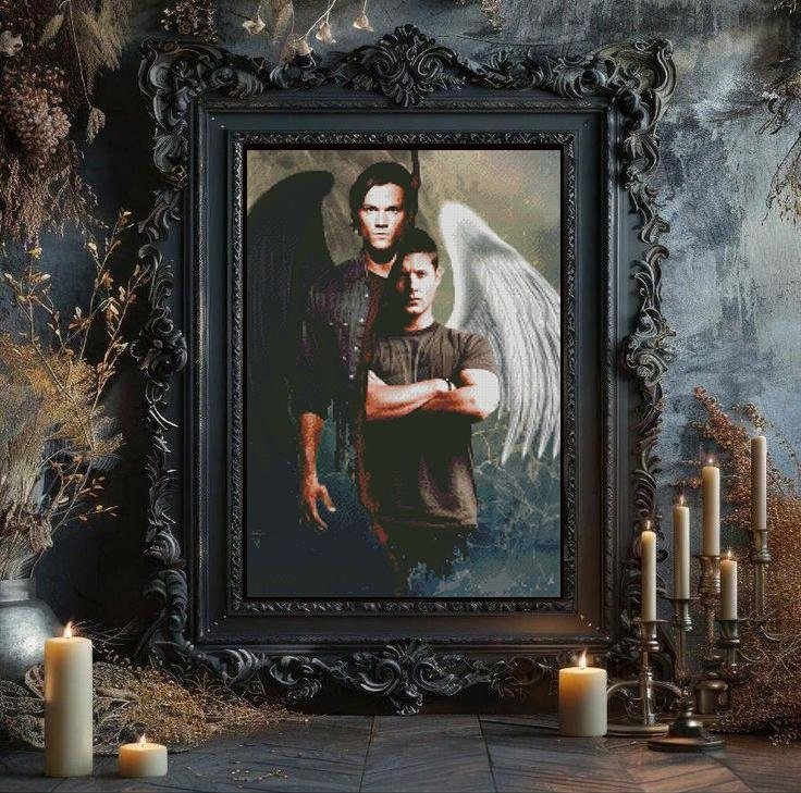 Dark Fantasy Brothers Cross Stitch Pattern PDF, Angel and Hunter Inspired Embroidery Design, Gothic Supernatural Wall Art, Pattern Keeper - NuttyHappyHobby