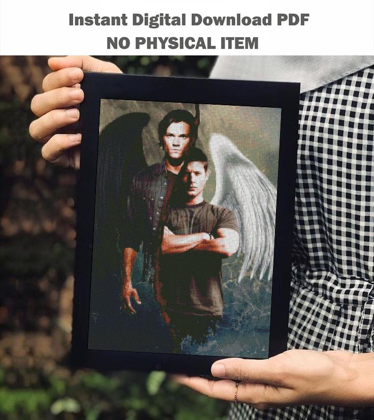 Dark Fantasy Brothers Cross Stitch Pattern PDF, Angel and Hunter Inspired Embroidery Design, Gothic Supernatural Wall Art, Pattern Keeper - NuttyHappyHobby