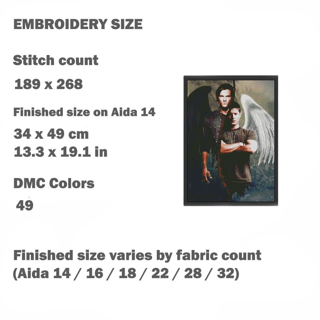 Dark Fantasy Brothers Cross Stitch Pattern PDF, Angel and Hunter Inspired Embroidery Design, Gothic Supernatural Wall Art, Pattern Keeper - NuttyHappyHobby