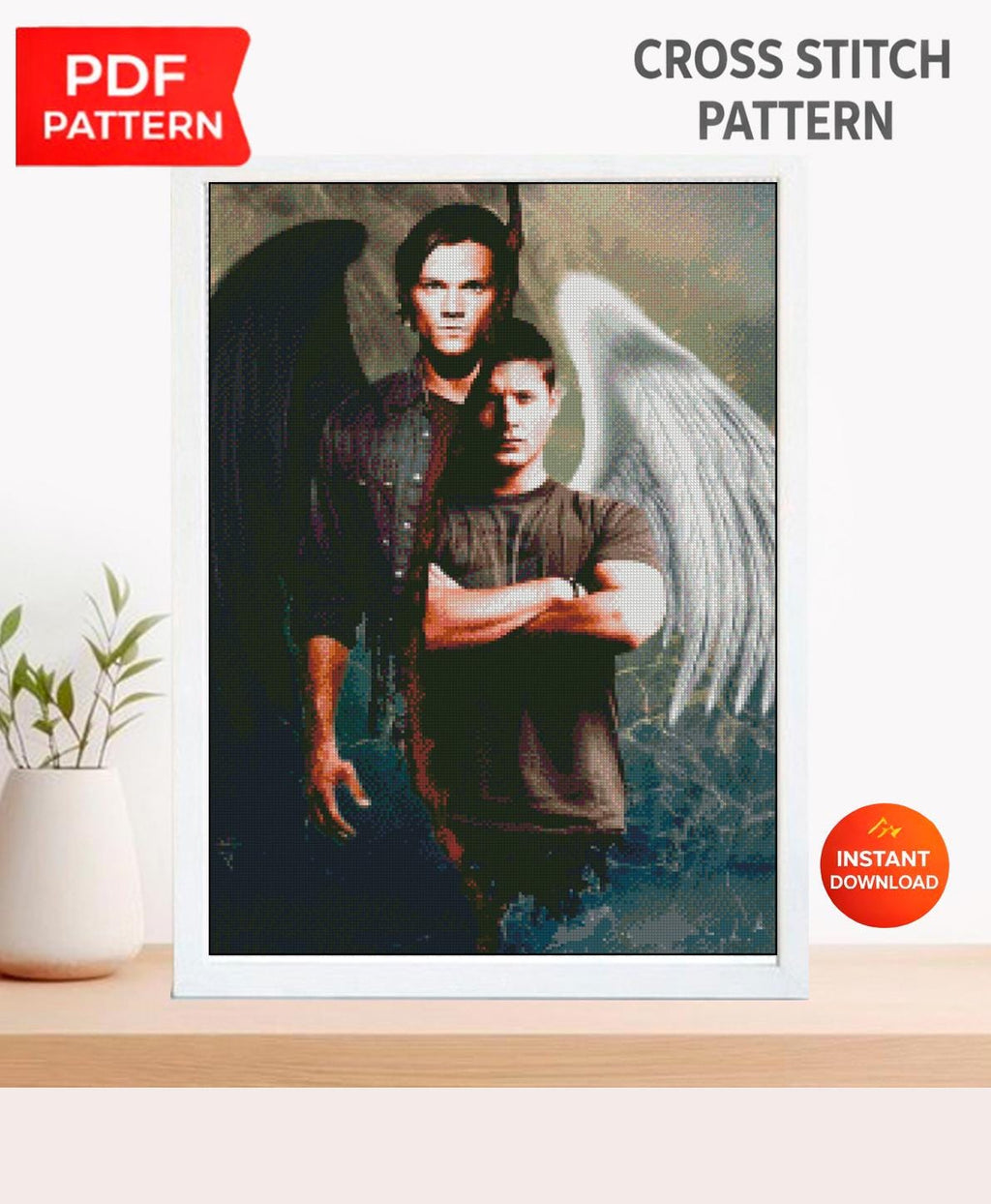 Dark Fantasy Brothers Cross Stitch Pattern PDF, Angel and Hunter Inspired Embroidery Design, Gothic Supernatural Wall Art, Pattern Keeper - NuttyHappyHobby