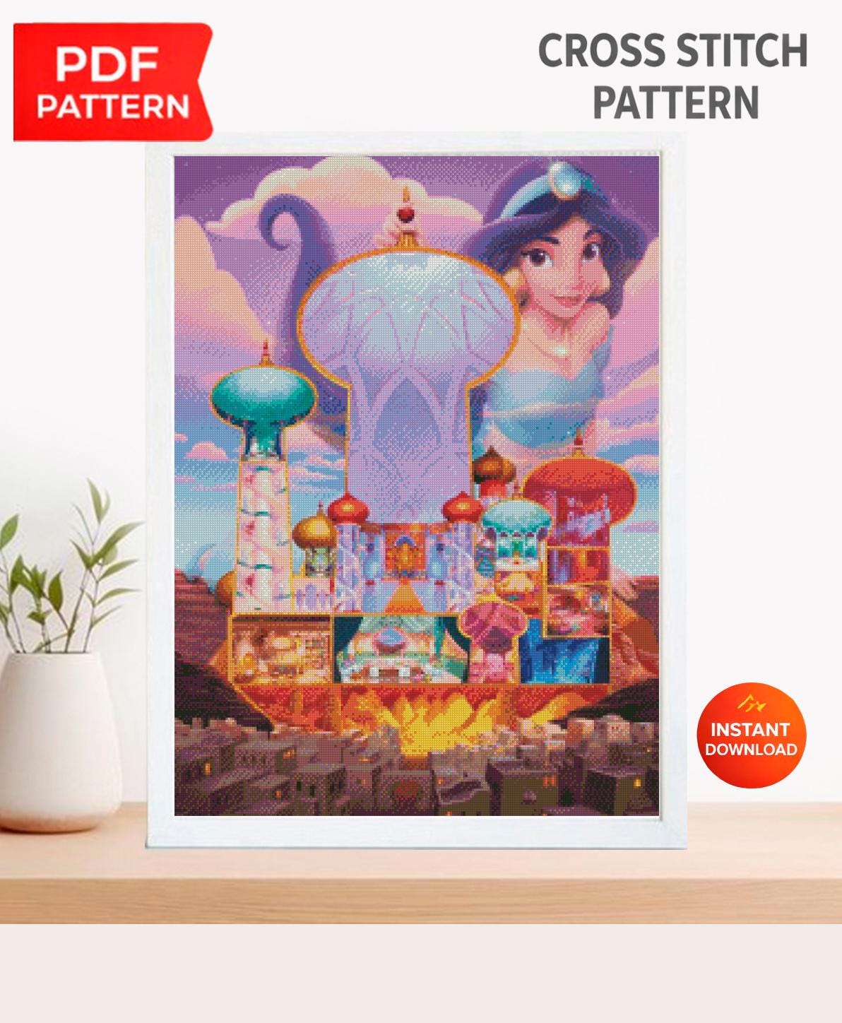 Desert Princess Castle Cross Stitch Pattern PDF, Eastern Fairytale Palace Embroidery Design, Fantasy Storybook Needlework, 90s cartoons - NuttyHappyHobby