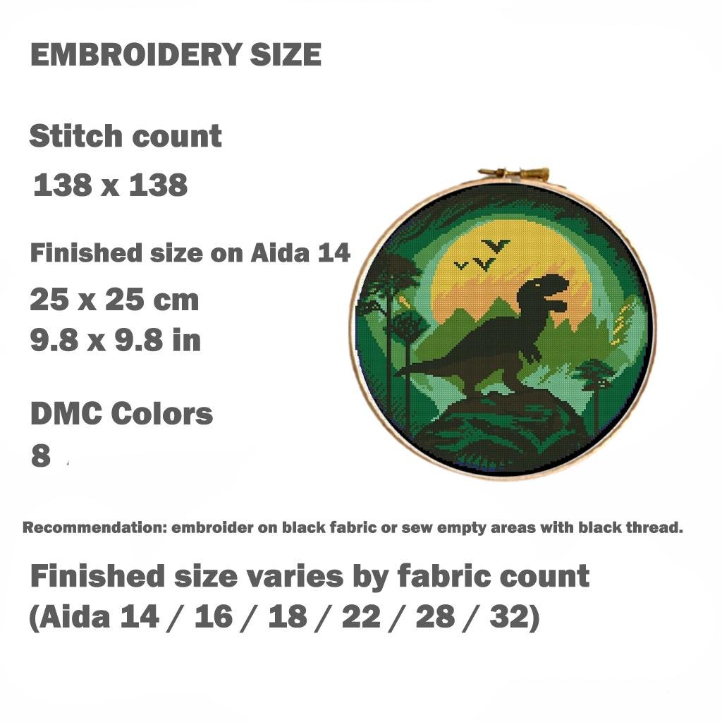 Dinosaur Cross Stitch Pattern PDF, T - Rex Silhouette Sunset Embroidery Design, Prehistoric Landscape Hoop Art, Instant Download Chart, PDF - NuttyHappyHobby