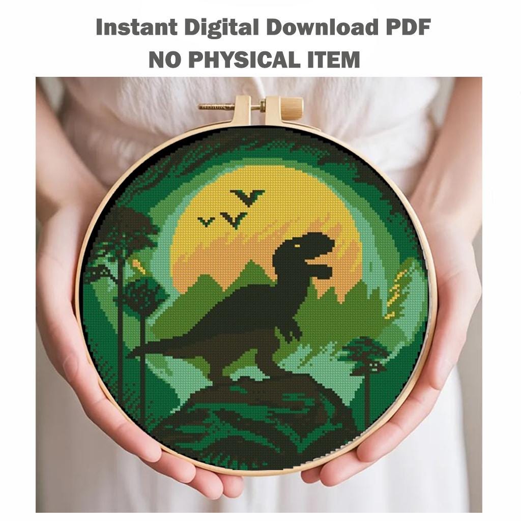 Dinosaur Cross Stitch Pattern PDF, T - Rex Silhouette Sunset Embroidery Design, Prehistoric Landscape Hoop Art, Instant Download Chart, PDF - NuttyHappyHobby