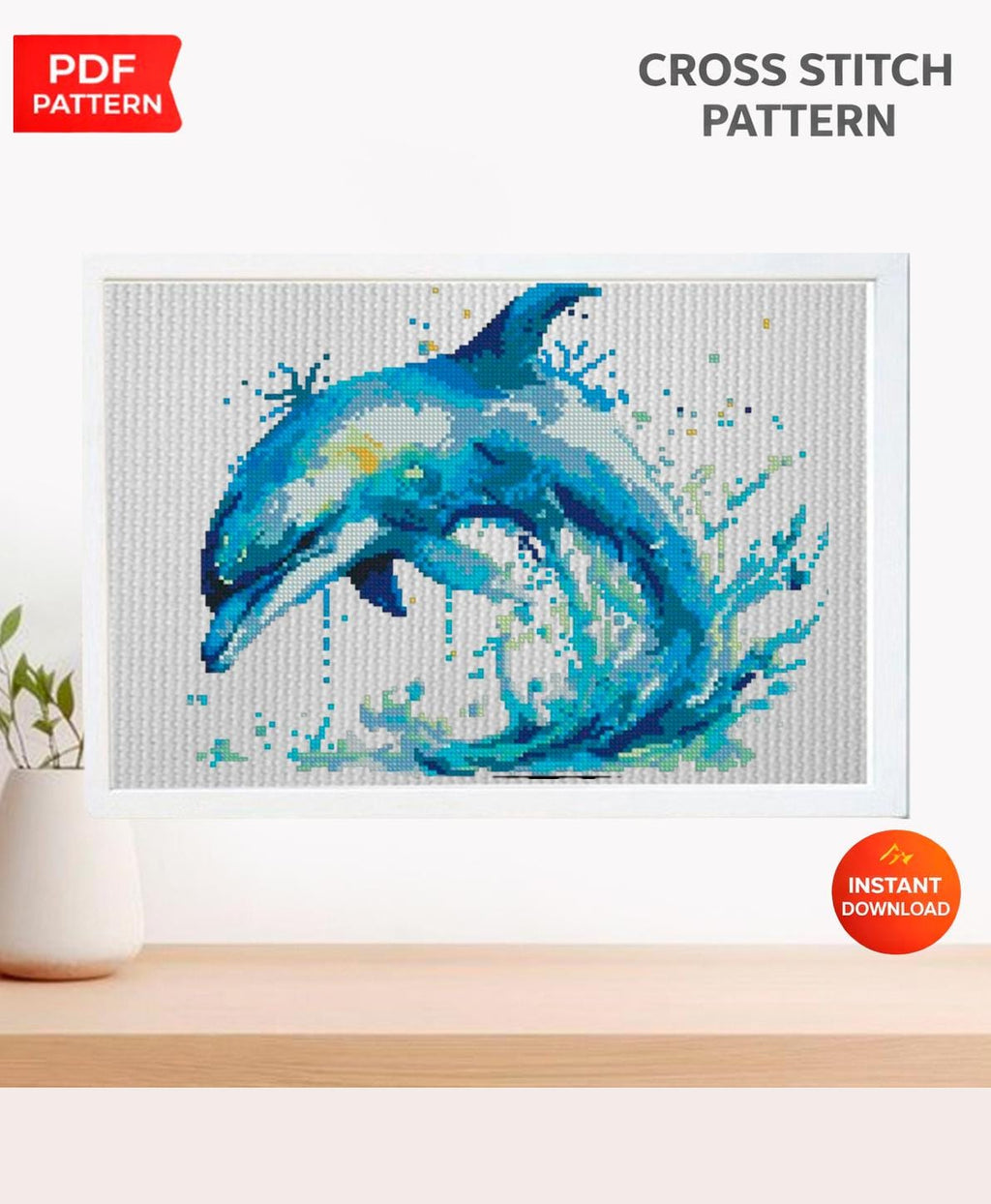 Dolphin Cross Stitch Pattern PDF, Ocean Animal Embroidery Pattern, Sea Life Cross Stitch, Marine Decor Design, Dolphin Art, Instant Download - NuttyHappyHobby