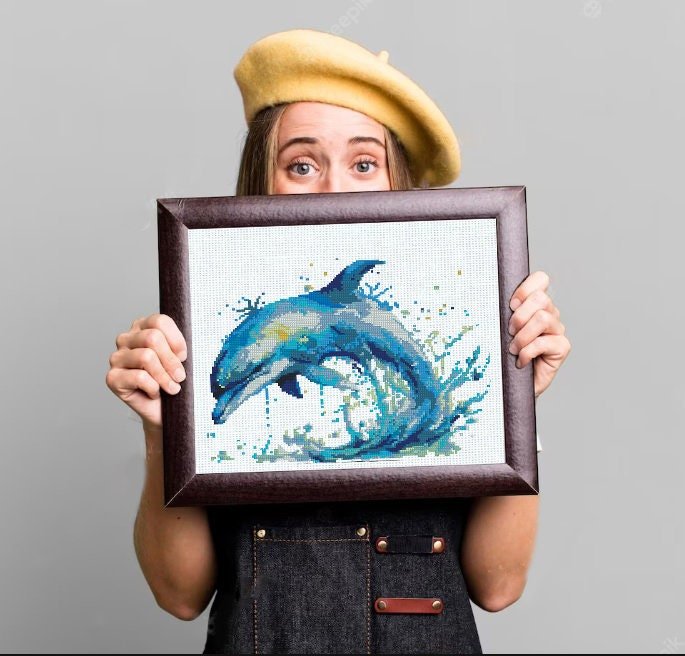Dolphin Cross Stitch Pattern PDF, Ocean Animal Embroidery Pattern, Sea Life Cross Stitch, Marine Decor Design, Dolphin Art, Instant Download - NuttyHappyHobby