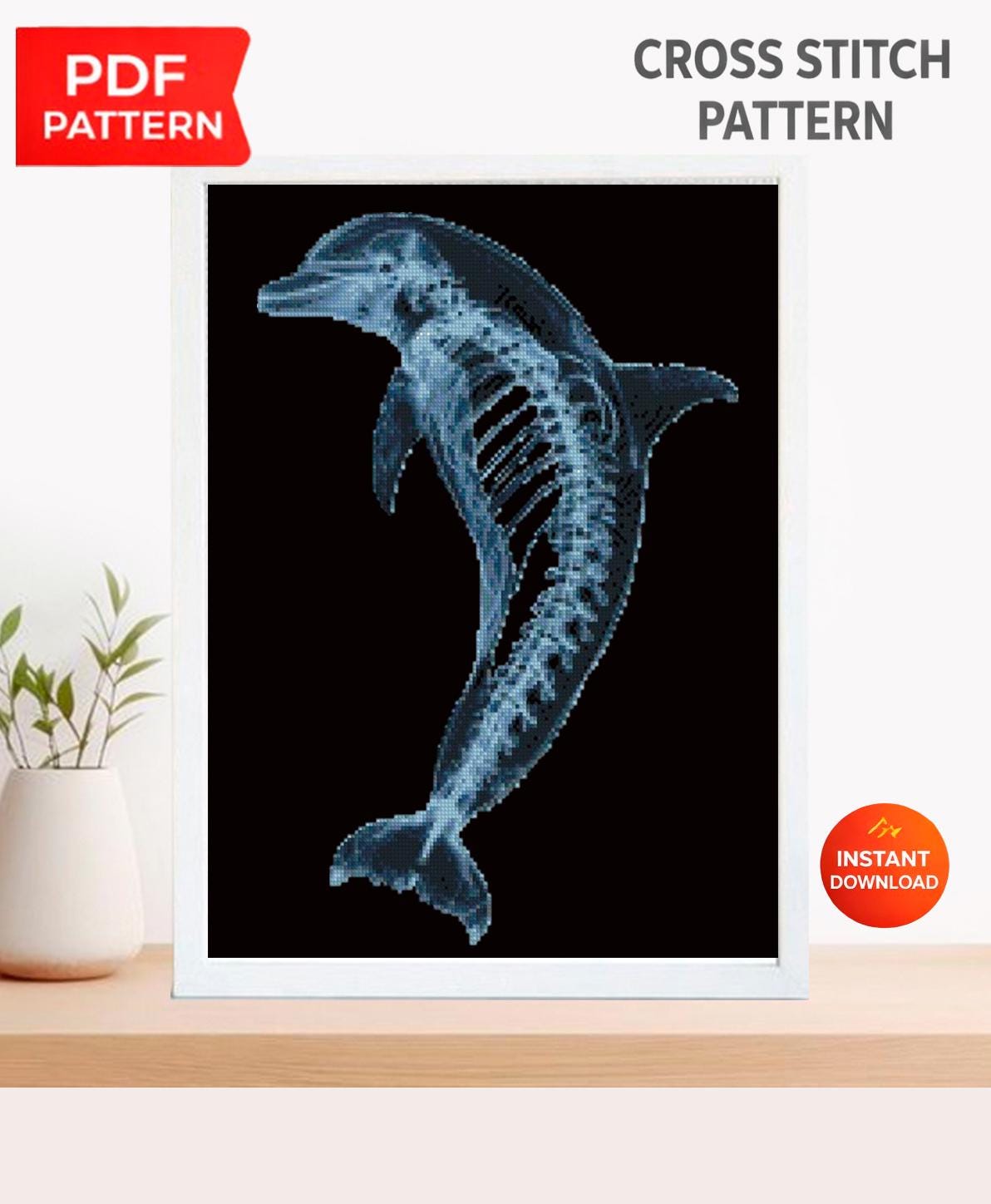 Dolphin Skeleton Cross Stitch Pattern PDF, X Ray Marine Animal Anatomy Embroidery Design, Gothic Ocean Wall Art Download - NuttyHappyHobby