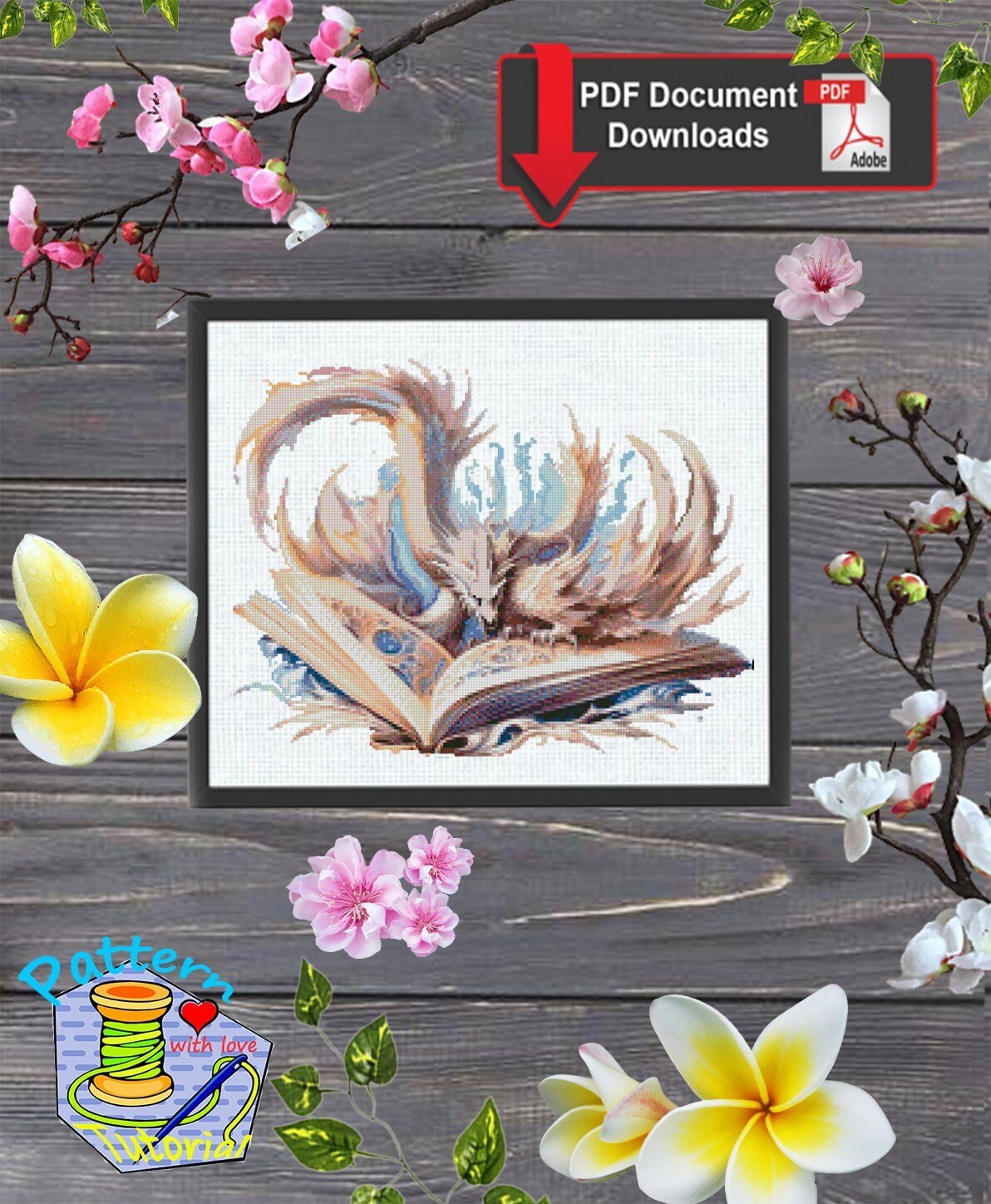 Dragon Book Cross Stitch Pattern PDF, Fantasy Dragon Embroidery Design, Magic Book Cross Stitch, Dragon Fantasy Cross Stitch Download pdf - NuttyHappyHobby