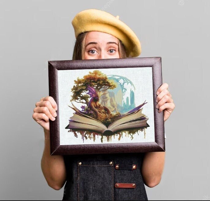 Dragon Book Cross Stitch Pattern PDF, Fantasy Dragon Tree Embroidery Design, Magic Book Cross Stitch, Fantasy World Cross Stitch Download - NuttyHappyHobby
