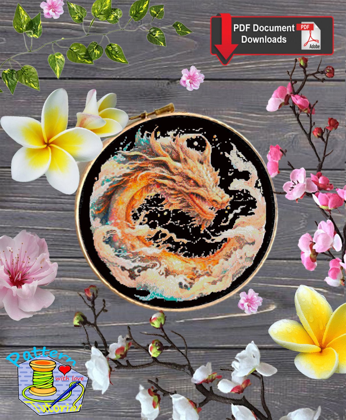 Dragon Cross Stitch Pattern PDF, Fantasy Dragon Embroidery Design, Mystic Fire Dragon Cross Stitch Chart, Mythical Creature Needlework - NuttyHappyHobby