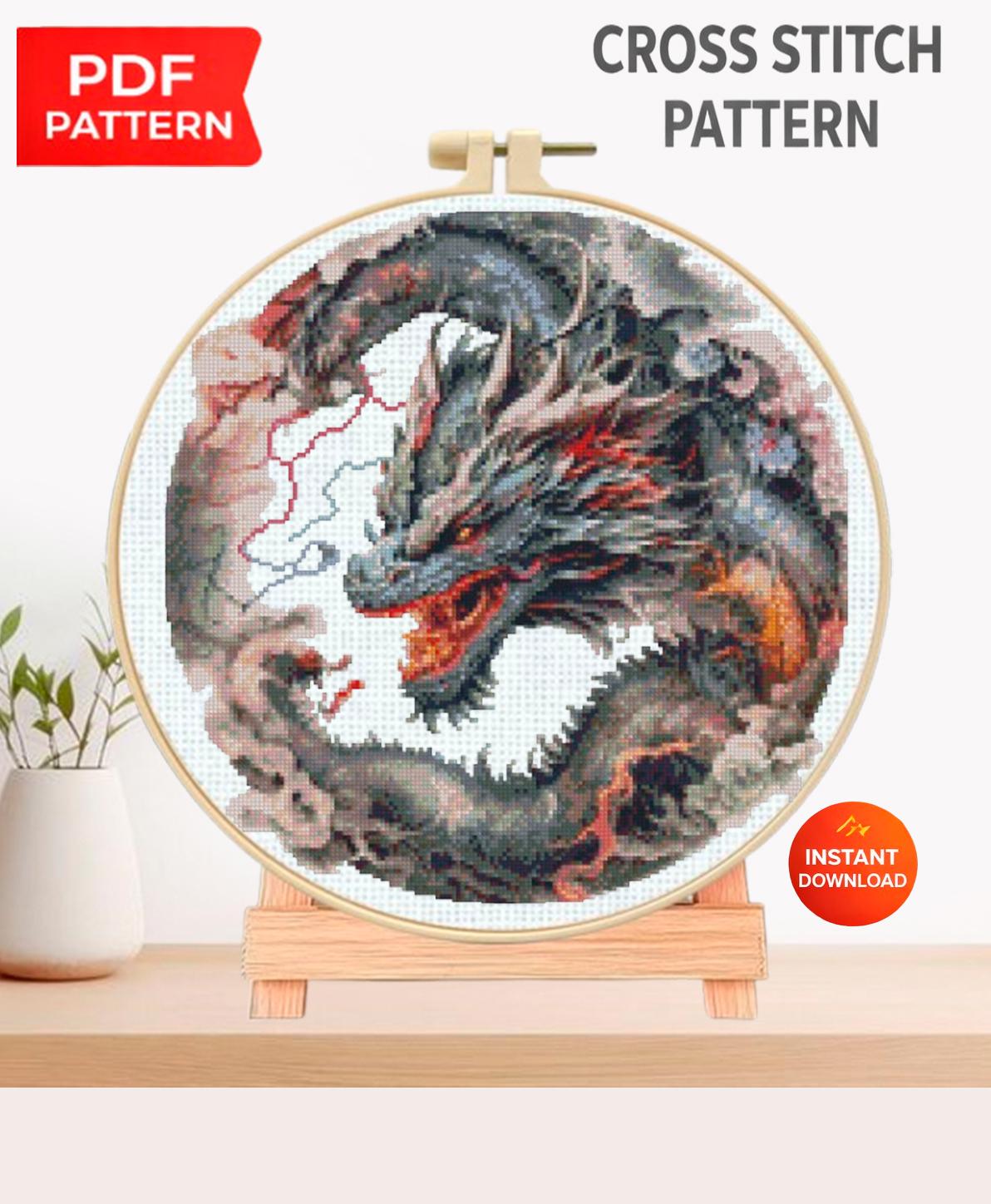Dragon Cross Stitch Pattern PDF, Fantasy Dragon Embroidery Design, Mythical Creature Cross Stitch Chart, Dark Dragon Needlework download - NuttyHappyHobby