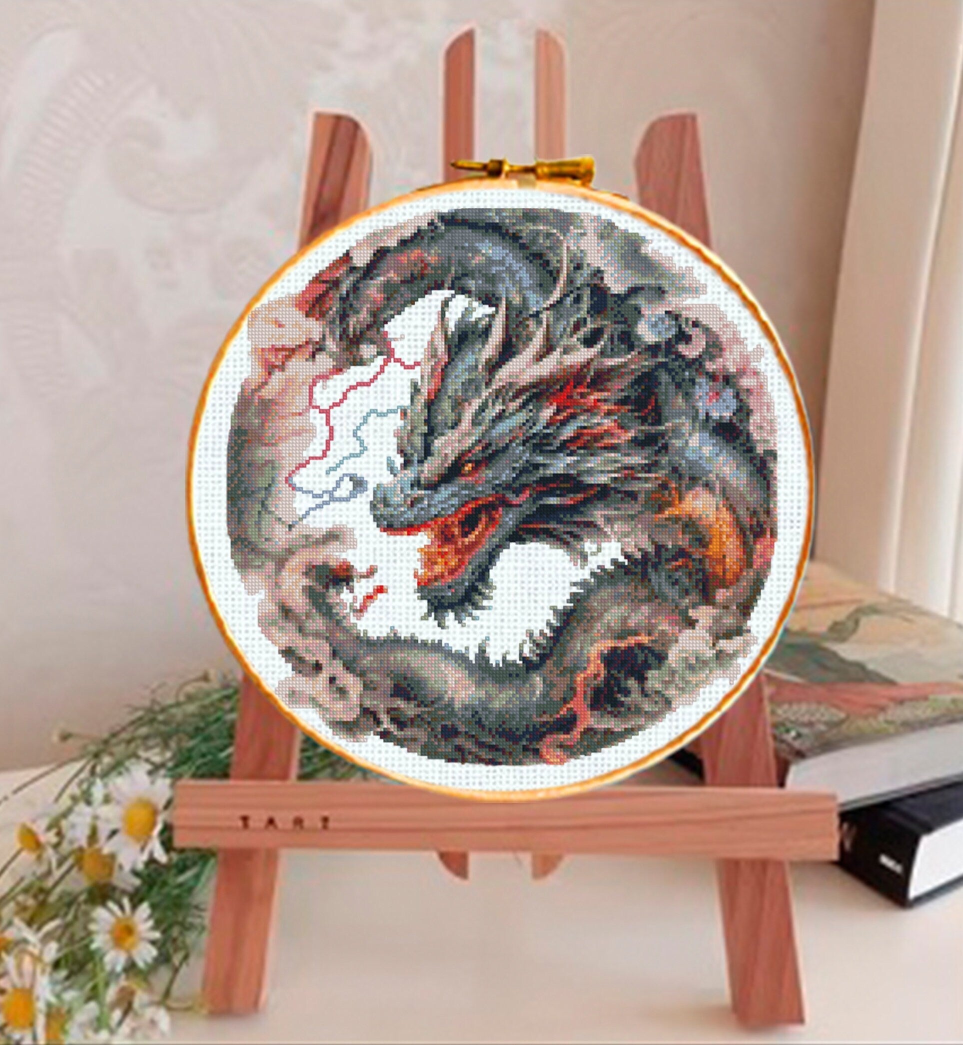 Dragon Cross Stitch Pattern PDF, Fantasy Dragon Embroidery Design, Mythical Creature Cross Stitch Chart, Dark Dragon Needlework download - NuttyHappyHobby