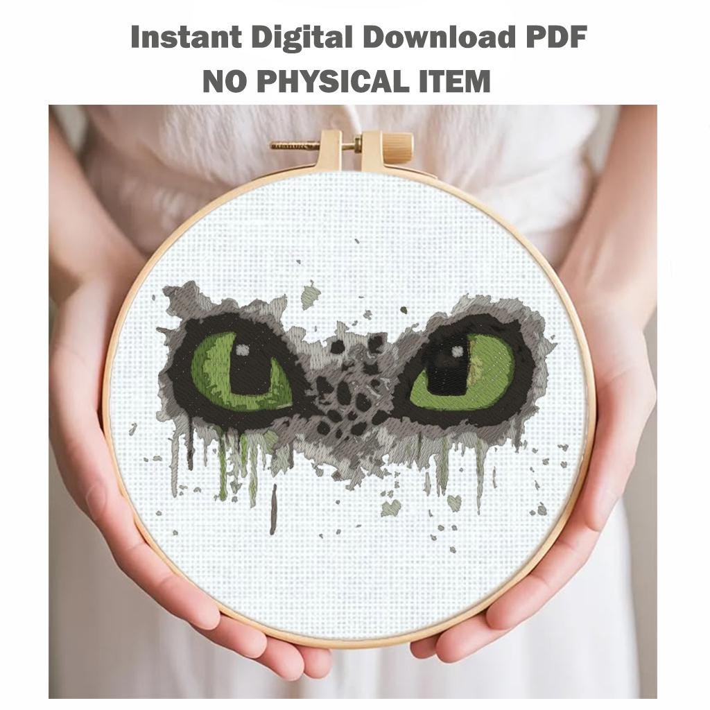 Dragon Eyes Machine Embroidery Design, Green Dragon Eyes Ripped Fabric Effect, Fantasy Creature PES DST JEF, Instant Digital Download - NuttyHappyHobby