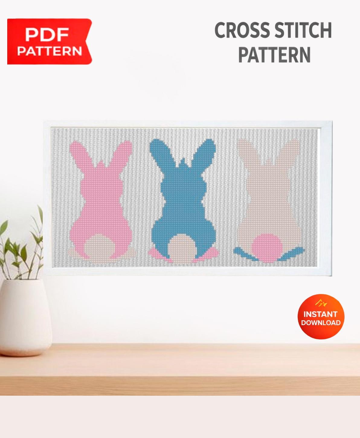 Easter Bunny Cross Stitch Pattern PDF, Cute Spring Rabbit Embroidery Design, Easter Decor Cross Stitch Chart, Bunny Needlework download - NuttyHappyHobby