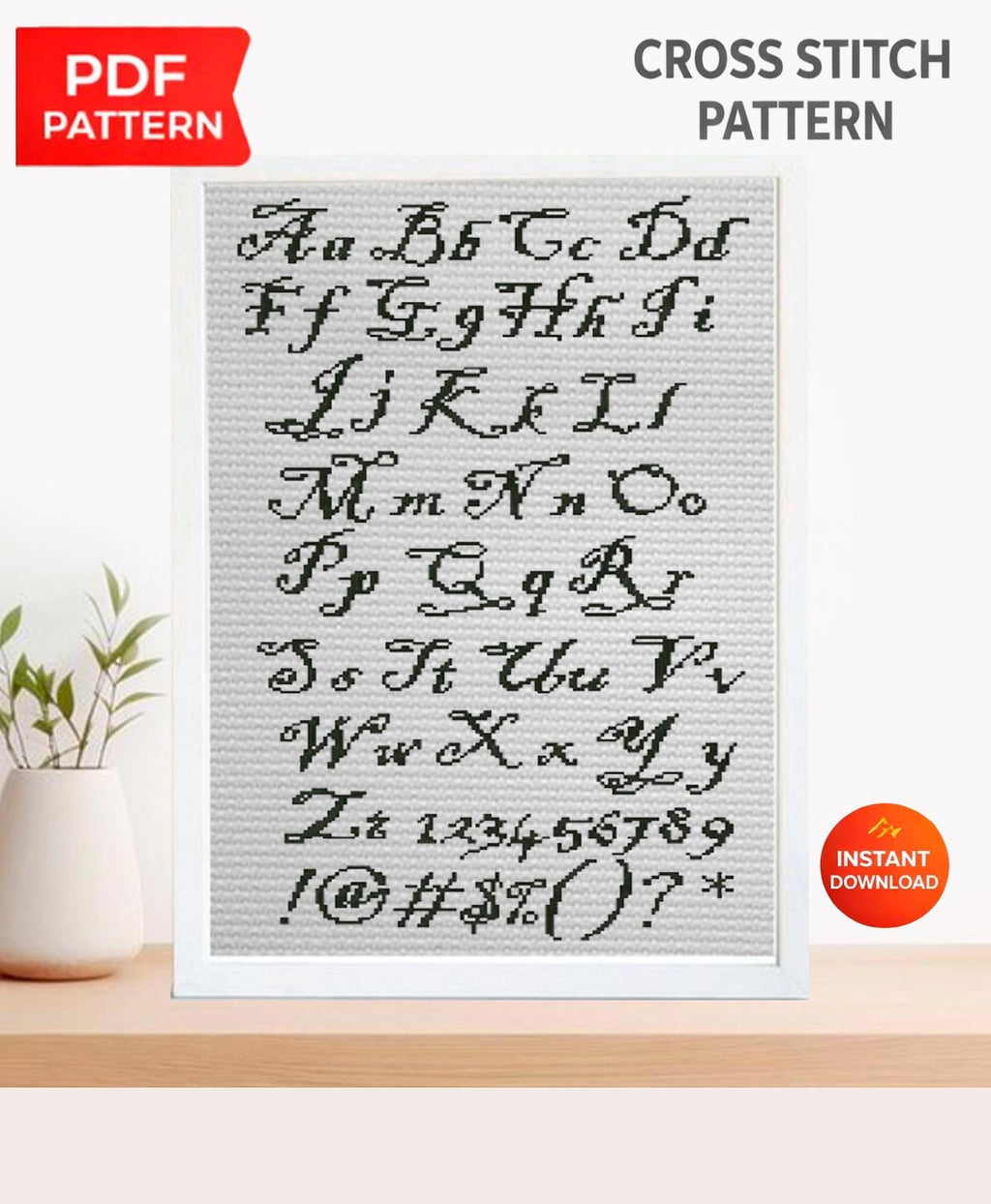 Elegant Script ABC Alphabet Cross Stitch Pattern PDF, Calligraphy Uppercase and Lowercase Font with Numbers and Symbols Chart, download - NuttyHappyHobby