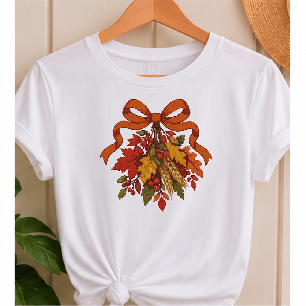 Fall Harvest Bow Machine Embroidery Design, Autumn Leaves Wheat Berries, Thanksgiving PES DST JEF Embroidery File, Instant Download - NuttyHappyHobby