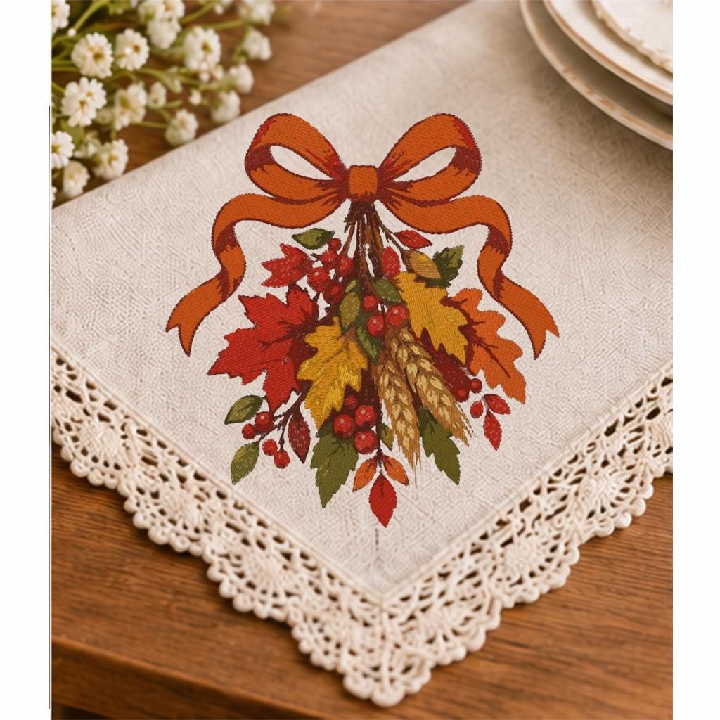 Fall Harvest Bow Machine Embroidery Design, Autumn Leaves Wheat Berries, Thanksgiving PES DST JEF Embroidery File, Instant Download - NuttyHappyHobby