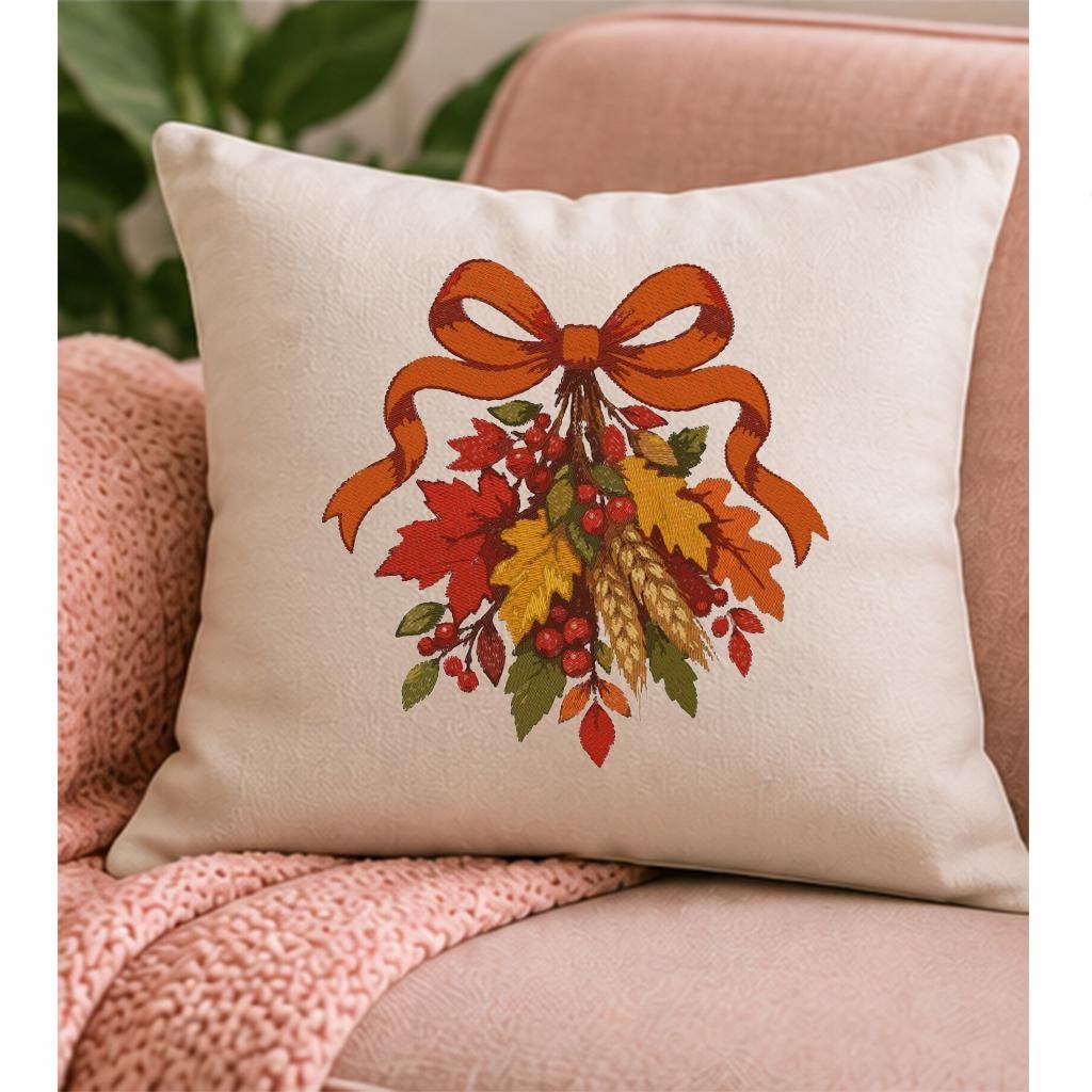 Fall Harvest Bow Machine Embroidery Design, Autumn Leaves Wheat Berries, Thanksgiving PES DST JEF Embroidery File, Instant Download - NuttyHappyHobby