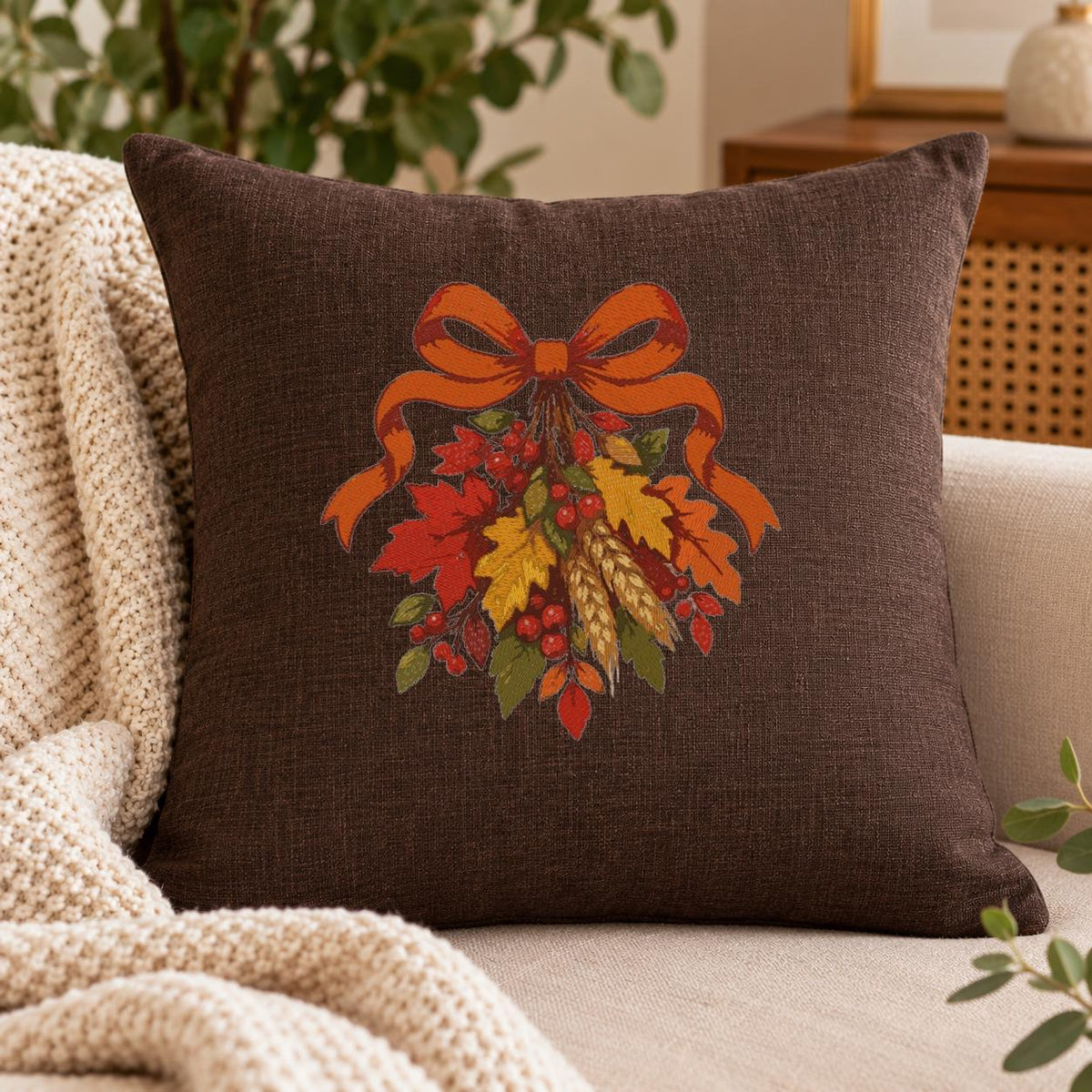 Fall Harvest Bow Machine Embroidery Design, Autumn Leaves Wheat Berries, Thanksgiving PES DST JEF Embroidery File, Instant Download - NuttyHappyHobby