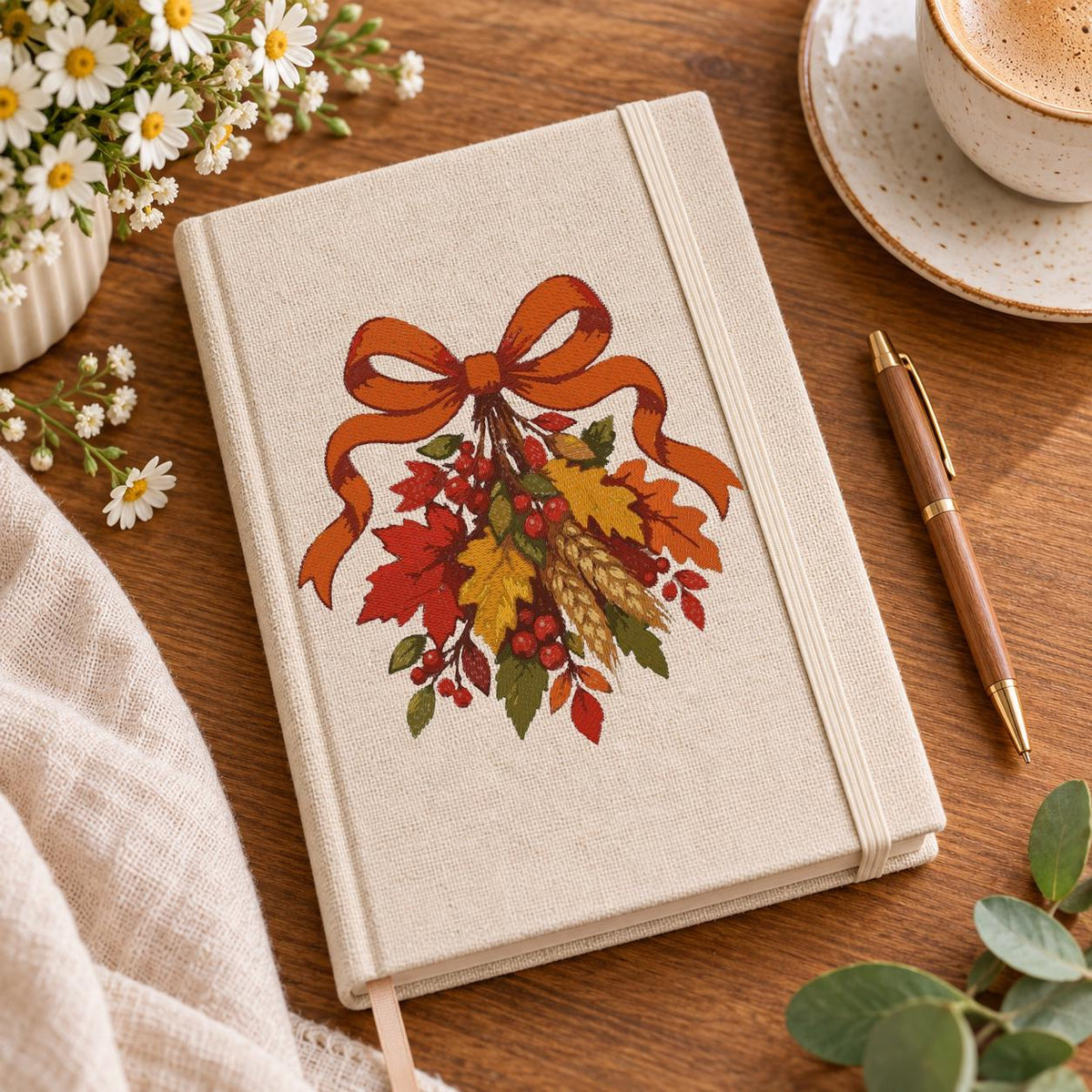 Fall Harvest Bow Machine Embroidery Design, Autumn Leaves Wheat Berries, Thanksgiving PES DST JEF Embroidery File, Instant Download - NuttyHappyHobby