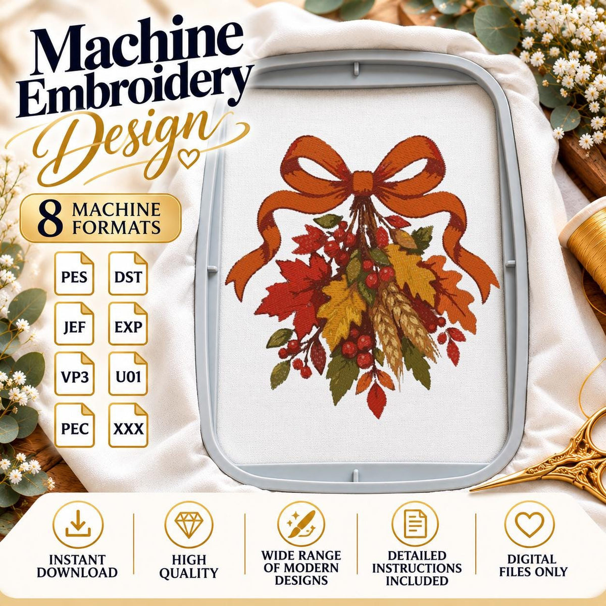 Fall Harvest Bow Machine Embroidery Design, Autumn Leaves Wheat Berries, Thanksgiving PES DST JEF Embroidery File, Instant Download - NuttyHappyHobby