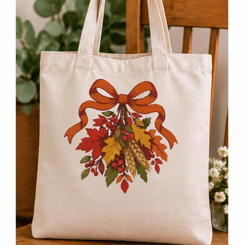 Fall Harvest Bow Machine Embroidery Design, Autumn Leaves Wheat Berries, Thanksgiving PES DST JEF Embroidery File, Instant Download - NuttyHappyHobby