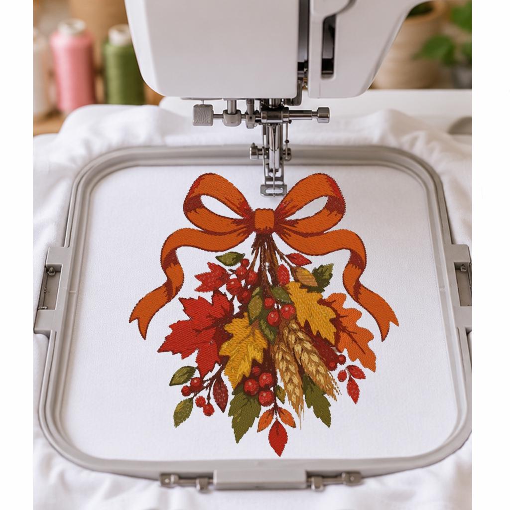 Fall Harvest Bow Machine Embroidery Design, Autumn Leaves Wheat Berries, Thanksgiving PES DST JEF Embroidery File, Instant Download - NuttyHappyHobby