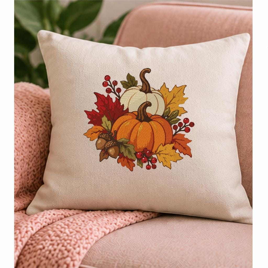 Fall Pumpkin Machine Embroidery Design, Orange White Pumpkins Autumn Leaves Acorns, Thanksgiving PES DST JEF, Instant Download - NuttyHappyHobby